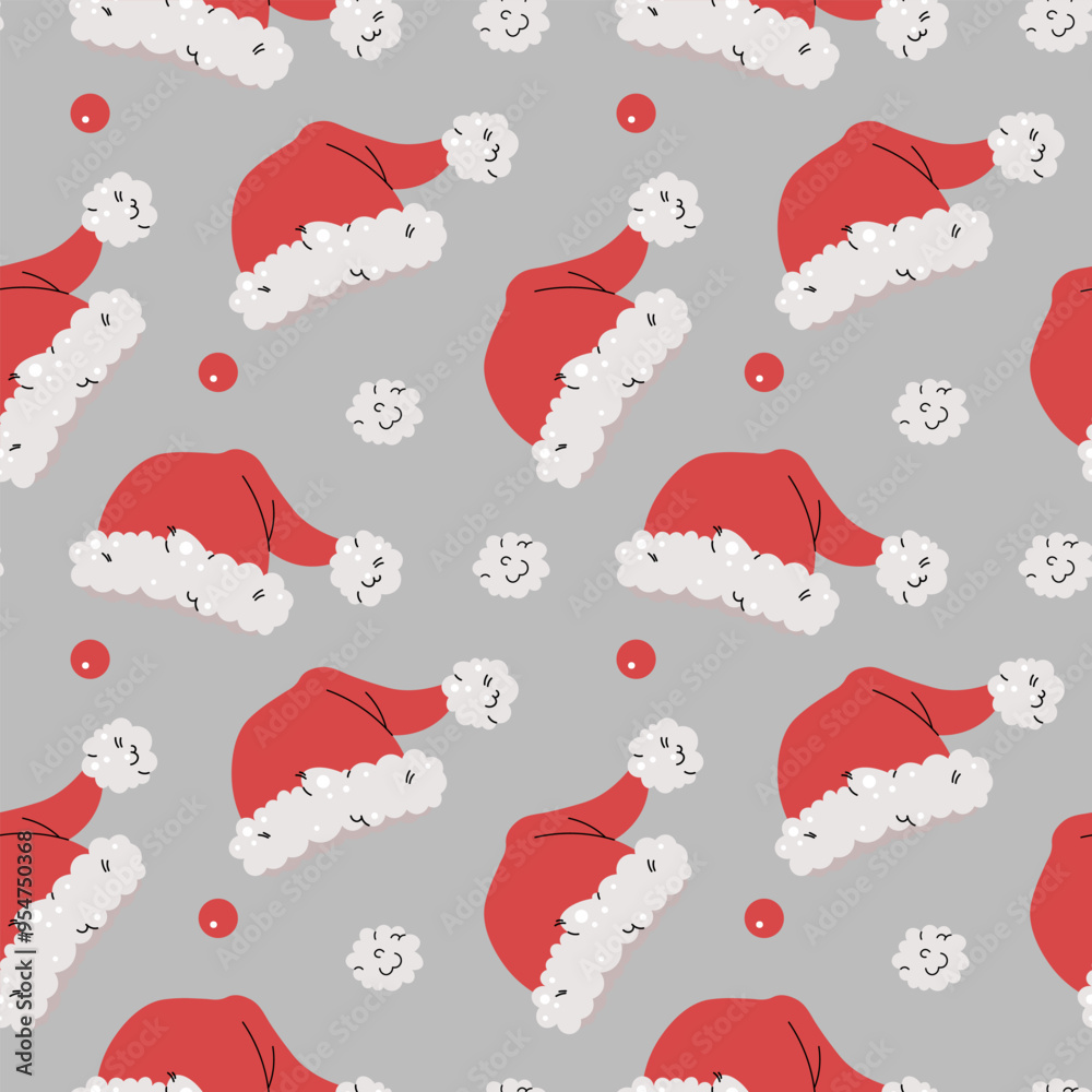 Seamless pattern with Santa hat. Vector holiday texture in flat style. Merry Christmas and Happy New Year. Suitable for wallpaper, wrapping paper, fabric, etc. Seamless pattern with Santa hat. Vector holiday texture in flat style. Merry Christmas and Happy New Year. Suitable for wallpaper, wrapping paper, fabric, etc.