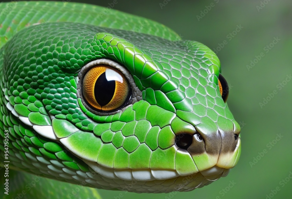 Fototapeta premium Close up portrait of green snake, illustration