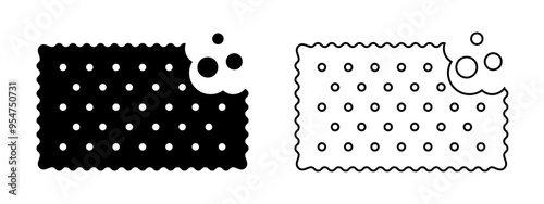 Black and outline bitten crackers with crumbs. Sweet or salty biscuit cookies in rectangle shapes. Popular crunchy snacks icons isolated on white background. Vector graphic illustration.