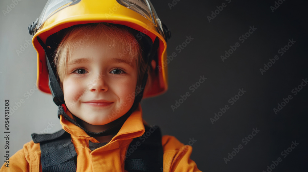 Close-up portrait of a cheerful young child dressed as a firefighter, smiling while wearing a bright yellow helmet and uniform. Close-up portrait of a cheerful young child dressed as a firefighter, smiling while wearing a bright yellow helmet and uniform.