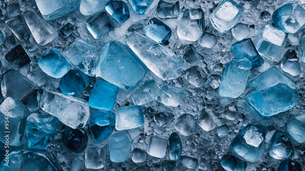 Fototapeta premium A scattered array of blue and clear ice cubes combined, evoking feelings of freshness and coolness in an abstract view.