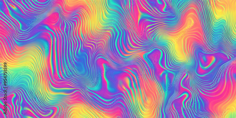 Seamless psychedelic rainbow ridged topological map pattern background texture. Trippy hippy abstract wavy swirls dopamine dressing style fashion motif. Bright colorful neon retro wallpaper backdrop. Seamless psychedelic rainbow ridged topological map pattern background texture. Trippy hippy abstract wavy swirls dopamine dressing style fashion motif. Bright colorful neon retro wallpaper backdrop.