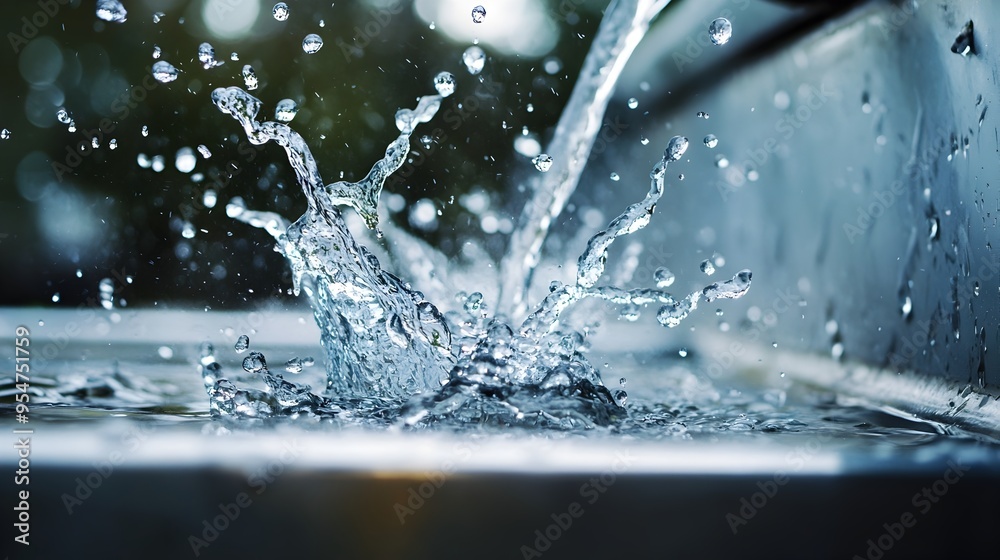 Close up view of crystal clear water splashing forcefully from a metallic faucet into a stainless steel sink basin creating a dynamic refreshing spray of droplets Close up view of crystal clear water splashing forcefully from a metallic faucet into a stainless steel sink basin creating a dynamic refreshing spray of droplets