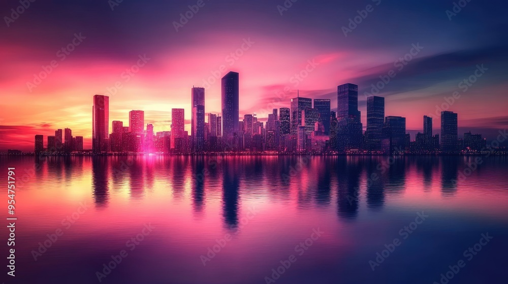 Futuristic city skyline reflected in water Futuristic city skyline reflected in water