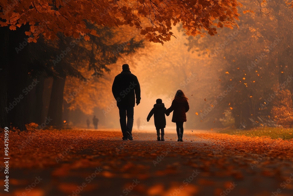 Fototapeta premium Thanksgiving Day Walk: A family or couple taking a leisurely walk through a park with vibrant autumn colors. They are dressed warmly, and the leaves are falling gently around them, symbolizing the pea