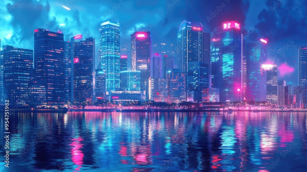 Futuristic city skyline reflected in water Futuristic city skyline reflected in water
