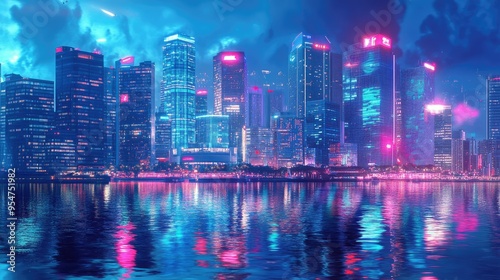 Futuristic city skyline reflected in water