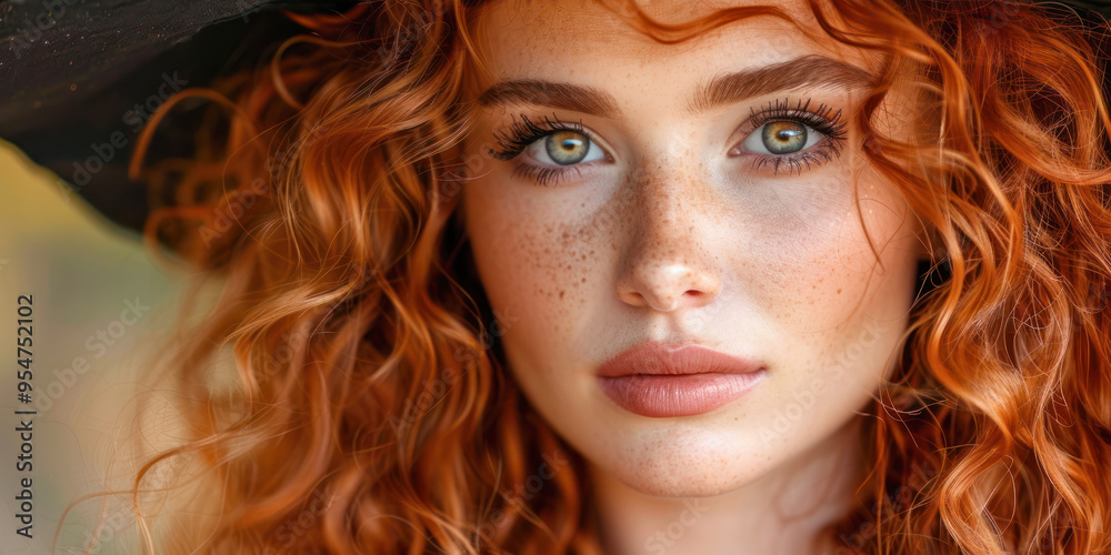 Portrait of a young woman with red hair, and freckles, wearing a black witch hat, highlighting her natural beauty and Halloween spirit. Portrait of a young woman with red hair, and freckles, wearing a black witch hat, highlighting her natural beauty and Halloween spirit.
