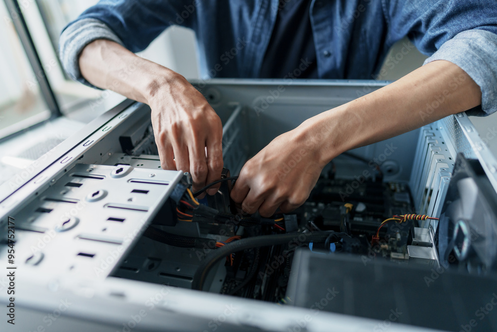 Computer repair technician repairing and testing on Pc. Computer repair technician repairing and testing on Pc.