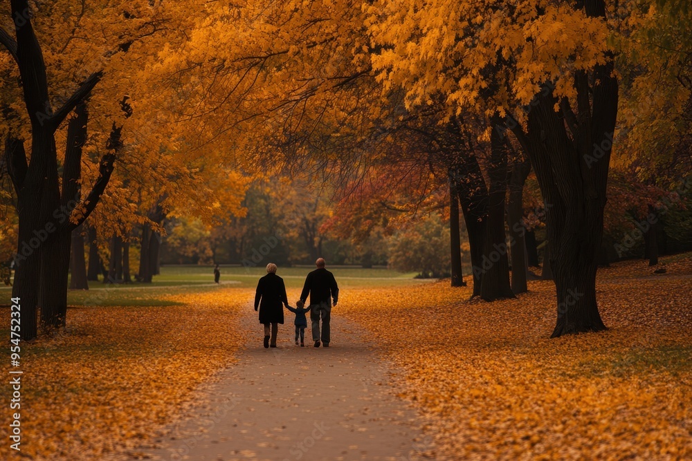 Thanksgiving Day Walk: A family or couple taking a leisurely walk through a park with vibrant autumn colors. They are dressed warmly, and the leaves are falling gently around them, symbolizing the pea