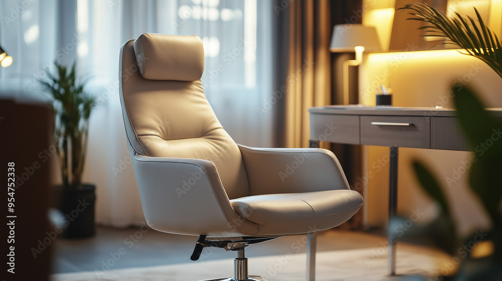 Elegant psychologist’s chair in a softly lit professional office setting with warm and inviting atmosphere Elegant psychologist’s chair in a softly lit professional office setting with warm and inviting atmosphere