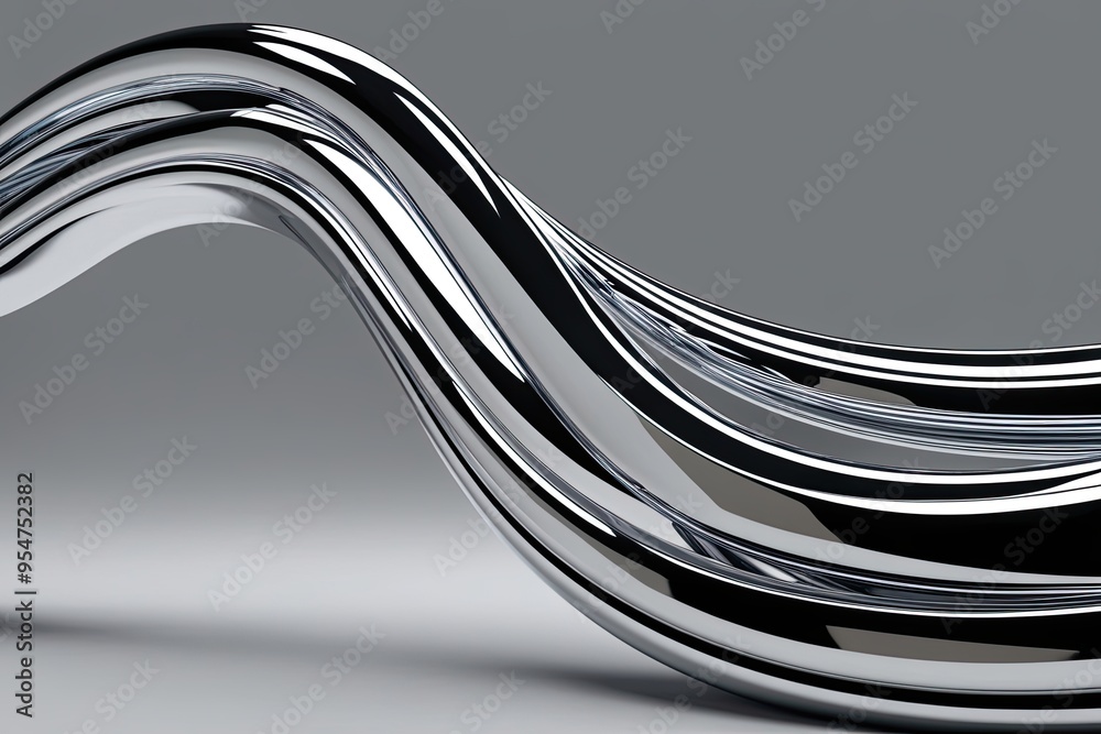 Obraz premium Three-Dimensional Curved Chrome Wave Rendering - Flowing Metallic Abstract Design