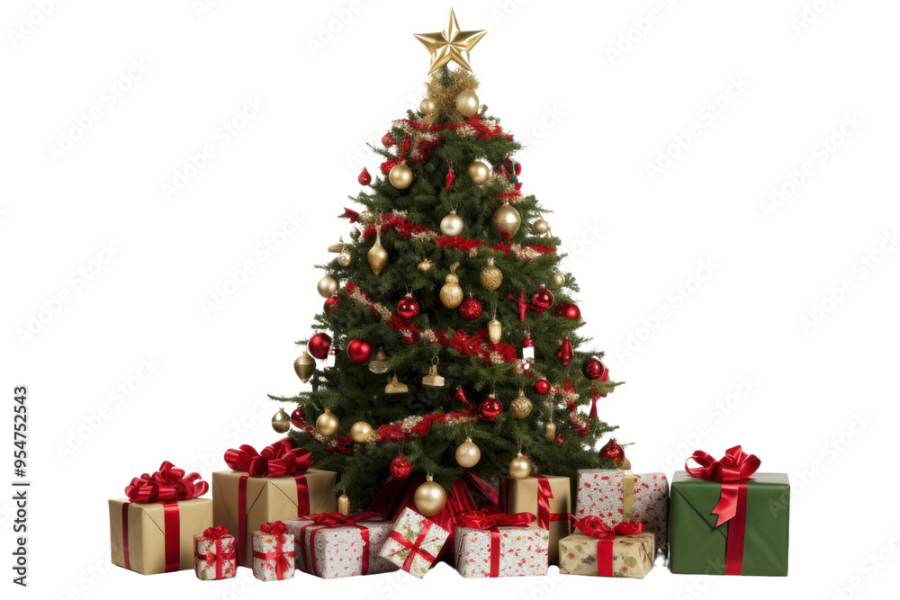A decorated Christmas tree with ornaments, twinkling lights, isolated on white background A decorated Christmas tree with ornaments, twinkling lights, isolated on white background