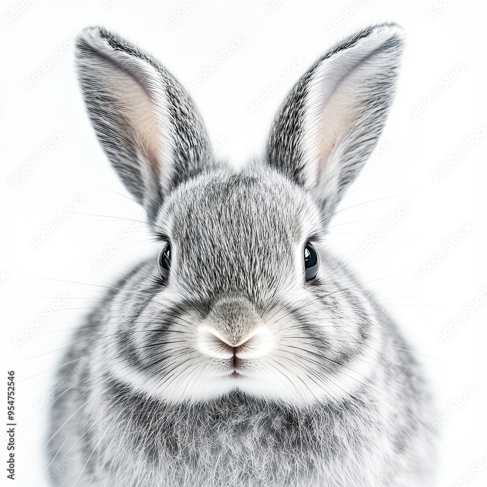 Close-up portrait of a fluffy gray rabbit with big ears. Close-up portrait of a fluffy gray rabbit with big ears.