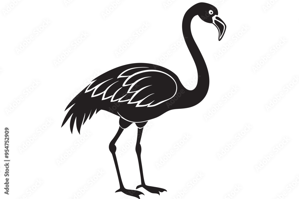 Fototapeta premium A flamingo full body silhouette vector on white background. Flamingo standing on water, a flamingo full body silhouette vector on white background.s