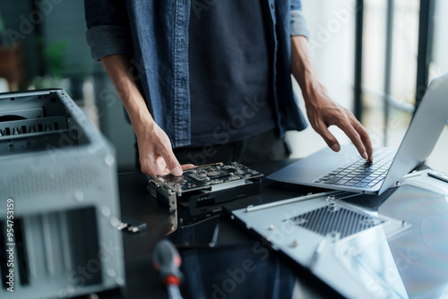 Technician repairing Computer pc, Hardware maintenance Engineering.