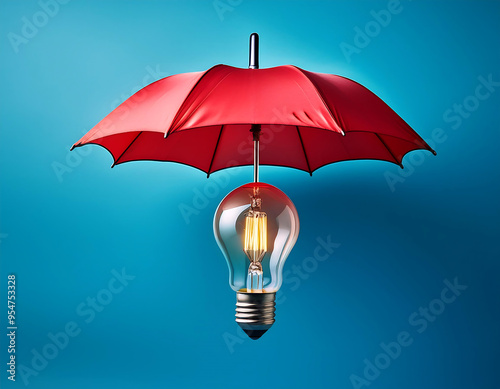  Light Bulb Under Red Umbrella on Blue Background- A light bulb is placed under a red umbrel_1(234) photo