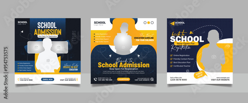 back to school admission social media post set, higher education promotion square flyer web banner study abroad template design.