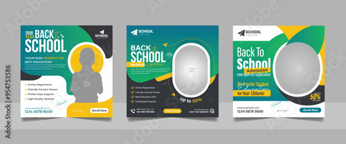 back to school admission social media post set, higher education promotion square flyer web banner study abroad template design.