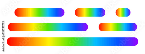 Set of colorful buttons with light spectrum print. Various lengths lines with ultraviolet colors. Multicolored wavelengths. Rainbow borders isolated on white background. Vector illustration.