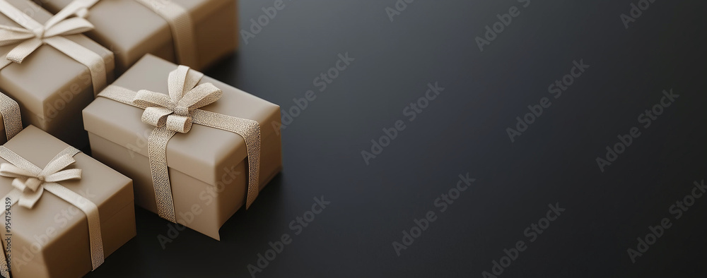 Festive gift box on dark background, banner layout. AI generation. Festive gift box on dark background, banner layout. AI generation.