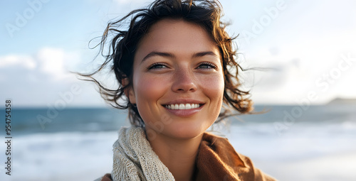 Joyful smiling woman with wavy hair enjoying a windy seaside day in close-up portrait