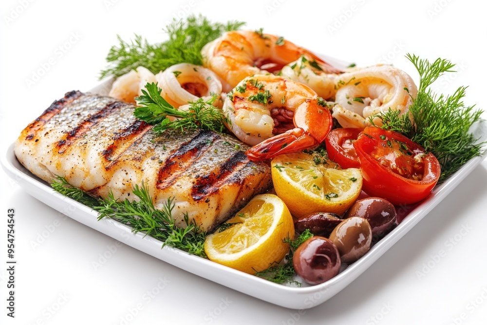 Grilled Fish, Shrimp, Lemon, Tomato, and Olives Platter Grilled Fish, Shrimp, Lemon, Tomato, and Olives Platter