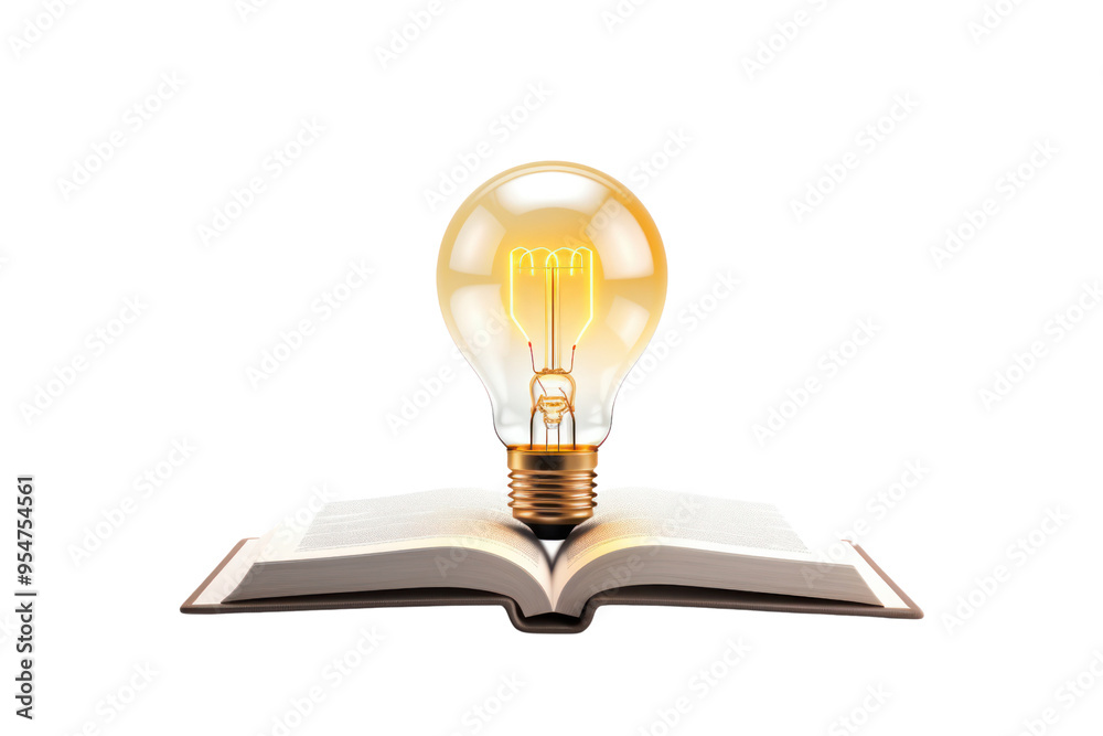 A glowing light bulb floating above an open book isolated on white background A glowing light bulb floating above an open book isolated on white background