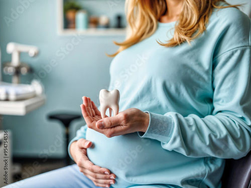 Pregnant Woman Holding a Tooth Model in a Dental Clinic