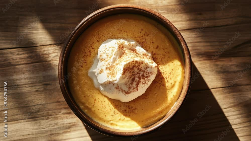 Delicious Pumpkin Mousse with Whipped Cream on Wooden Table Delicious Pumpkin Mousse with Whipped Cream on Wooden Table