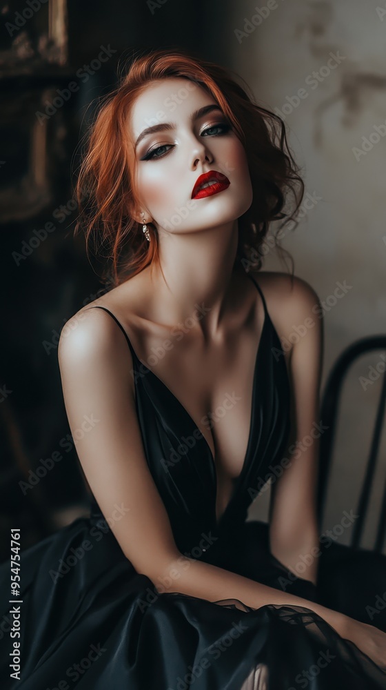 An attractive woman with red hair showcases elegance and confidence in an elegant dress, posing amid mood-enhancing lighting An attractive woman with red hair showcases elegance and confidence in an elegant dress, posing amid mood-enhancing lighting