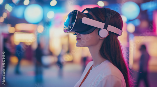 Young woman immersed in virtual reality at a tech convention, exploring futuristic digital worlds with a VR headset in vibrant neon lights