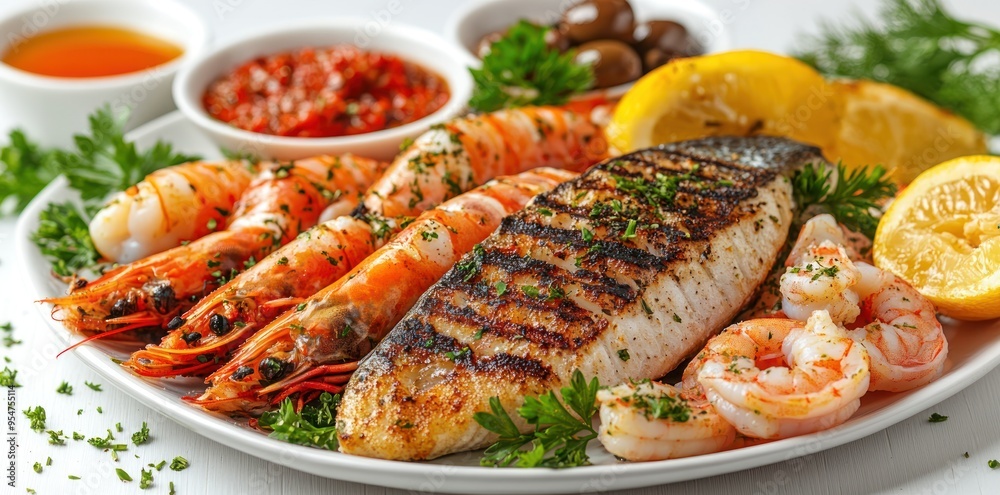 Grilled Fish and Shrimp with Lemon and Parsley on a White Plate Grilled Fish and Shrimp with Lemon and Parsley on a White Plate