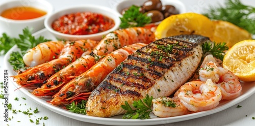 Grilled Fish and Shrimp with Lemon and Parsley on a White Plate