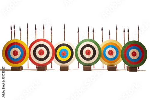 A group of archery targets lined up in a field, isolated on white background photo