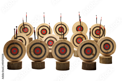 A group of archery targets lined up in a field, isolated on white background photo