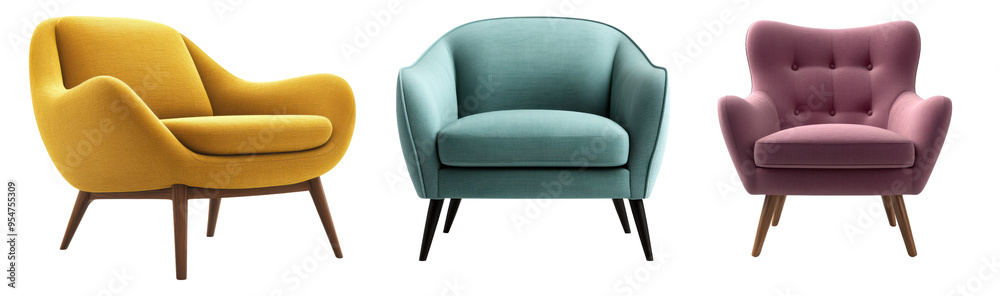 Fototapeta premium Three elegant and colorful armchairs inviting you to relax, adding a pop of joy and sophistication to any interior space.