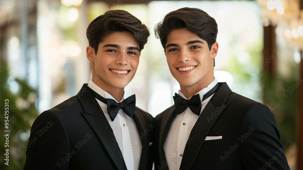 Identical twin brothers in formal black tuxedos with bow ties, smiling at the camera in an elegant indoor setting. Siblings in matching formal attire Identical twin brothers in formal black tuxedos with bow ties, smiling at the camera in an elegant indoor setting. Siblings in matching formal attire