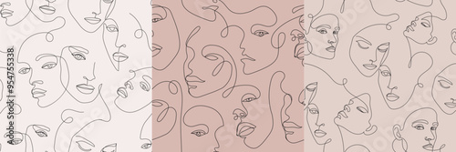 Vector set of seamless woman face one line patterns, female outline continuous drawing. Beauty print, people portrait art.