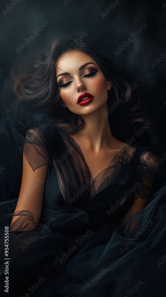 A strikingly beautiful woman with flowing hair and bold makeup captivates attention with her elegant presence in a dimly lit setting A strikingly beautiful woman with flowing hair and bold makeup captivates attention with her elegant presence in a dimly lit setting