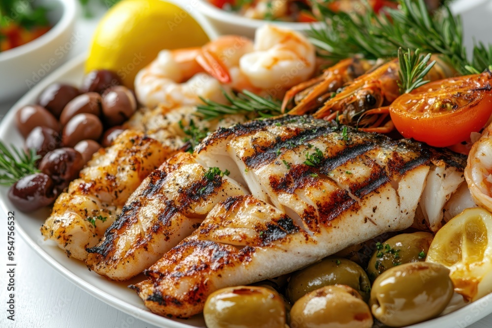 Grilled Fish, Shrimp, Olives, and Lemon on a White Plate Grilled Fish, Shrimp, Olives, and Lemon on a White Plate