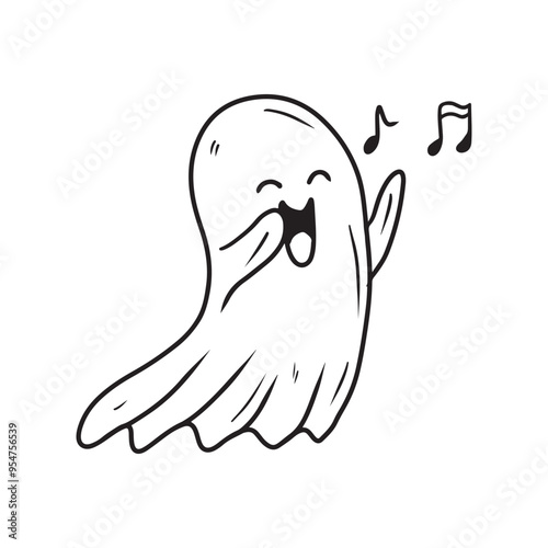 Hand drawn vector cute ghost floating and singing with musical notes, in black isolated on white background. Sketch illustration in doodle engraved vintage line art style. Happy Halloween