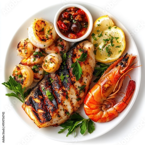 Grilled Fish, Shrimp, and Calamari with Lemon and Parsley on White Plate