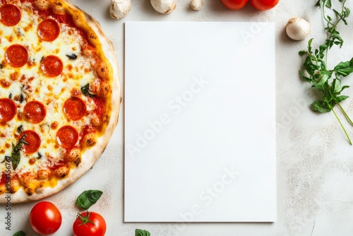  Mockup of blank menu with copy space lying next to pizza