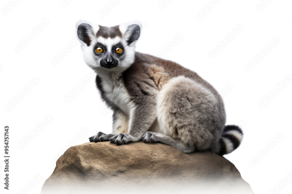 A lemur cat perched on a smooth rock, its tail curled around its body and its eyes alert isolated on white background A lemur cat perched on a smooth rock, its tail curled around its body and its eyes alert isolated on white background