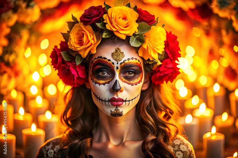 Woman Adorned with Sugar Skull Makeup and Flowers Woman Adorned with Sugar Skull Makeup and Flowers