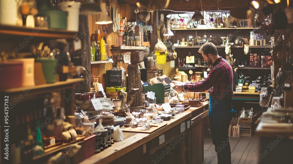 A man in a red plaid shirt works behind the counter at a craft shop. A man in a red plaid shirt works behind the counter at a craft shop.