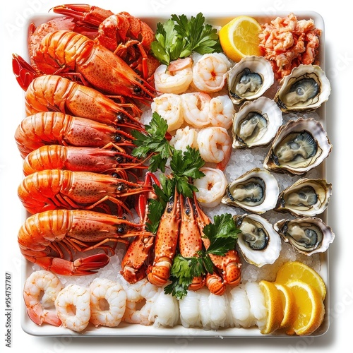 A Plate of Freshly Cooked Seafood with Lemon and Parsley photo