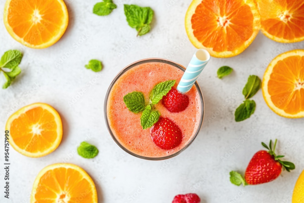 Summer Fruit Smoothie with Strawberries and Orange on Table