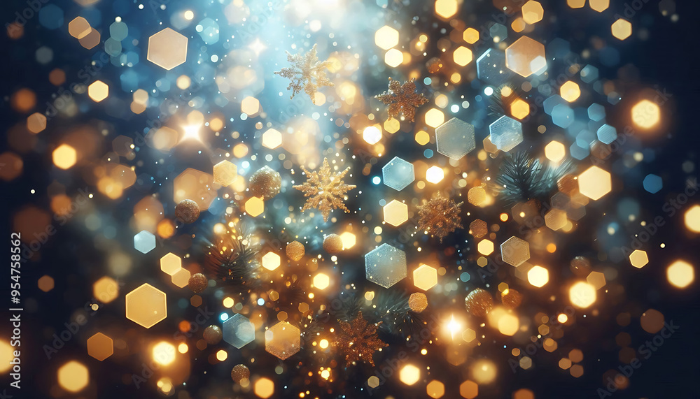 A blurred background featuring a mix of golden and soft blue bokeh lights creating a dreamy festive atmosphere. The lights vary in size and shape with some appearing hexagonal and others circular A blurred background featuring a mix of golden and soft blue bokeh lights creating a dreamy festive atmosphere. The lights vary in size and shape with some appearing hexagonal and others circular